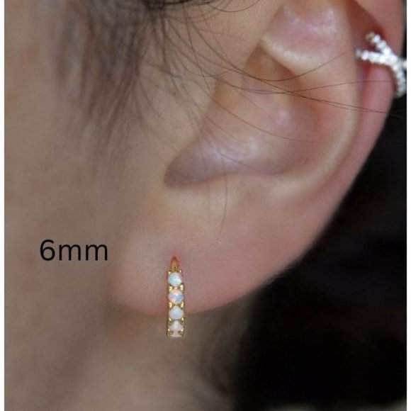 6mm Gold Vermeil Sterling Silver Opal Huggie Hoops, Opal Huggie Earrings - Picture 2 of 9